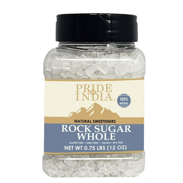 Pride Of India Natural Crystal Rock Sugar Whole in a 12 oz medium dual sifter jar. The jar contains clear, unrefined sugar crystals, ideal for sweetening tea, milk, or desserts. The label highlights its natural, gluten-free, vegan, and BPA-free attributes. The product is presented in a transparent jar with a black lid, showcasing the sugar crystals inside.