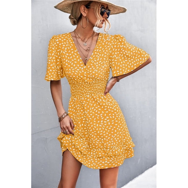 Femmes Dot Motif Robe V-Cou Volant Manches Robe Casual Rue Sexy Style Robe Taille Envelopper Robe Femmes Robe d'Été
