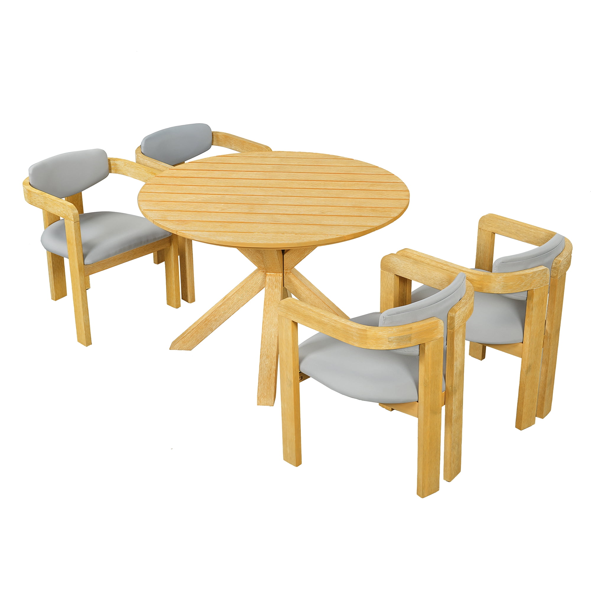 Modern 5-Piece Outdoor Acacia Wood Round Dining Set with 4 Barrel Chairs, Curved Backrest and Cushioned Seats for Patio Garden Backyard Deck, Gray