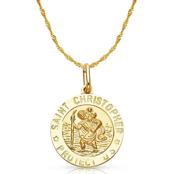 14K Yellow Gold St. Christopher Protect Us Charm Pendant with 1.2mm Singapore Chain Necklace - 24"