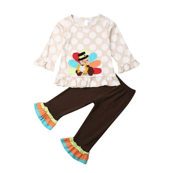ITFABS Girls 2 Pieces Thanksgiving Outfit, Polka Dot Turkey Tops + Trousers