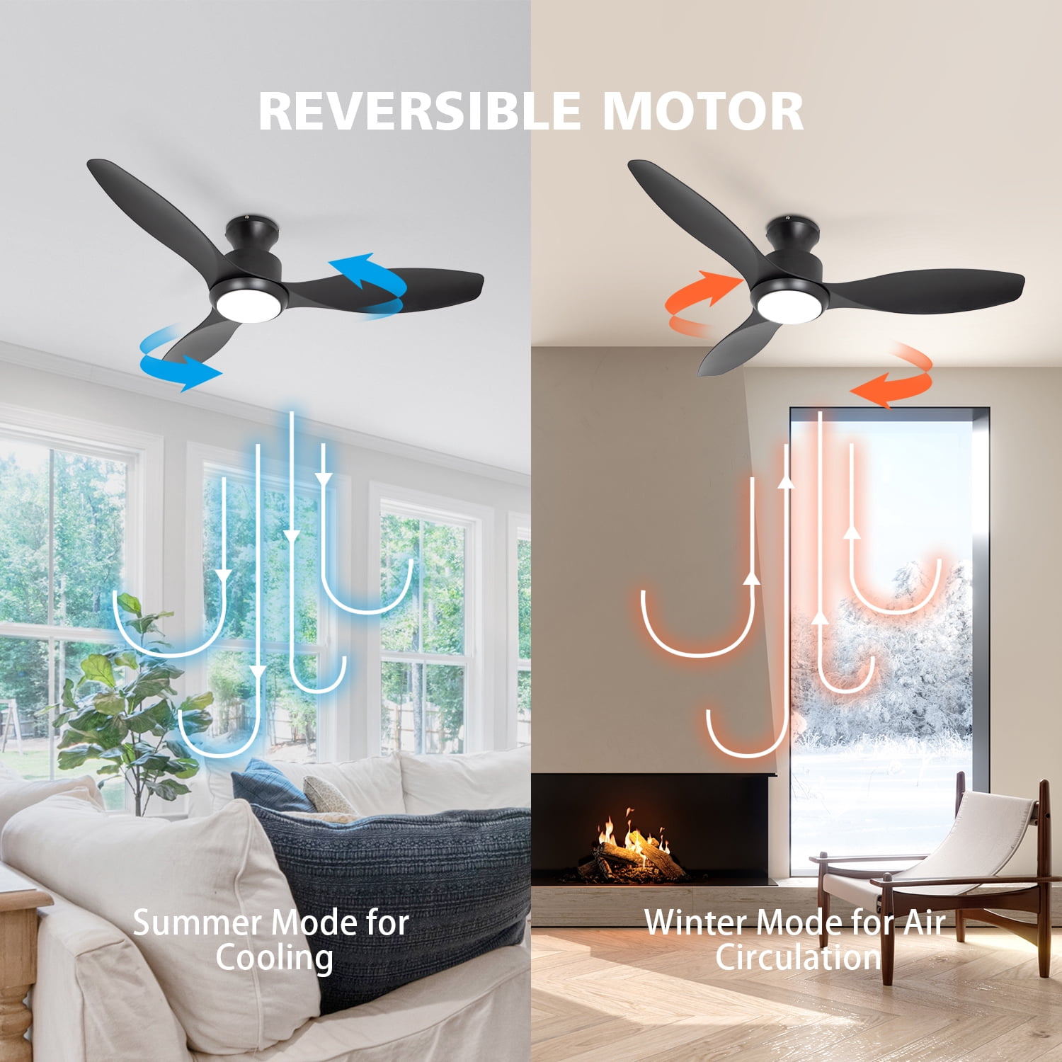 Wozzio 52’’ Indoor Outdoor Ceiling Fan with Light and Remote Control, 3 Black Blades, Silent Reversible DC Motor, Light Memory Function, 6-speed Airflow for Bedroom/Living Room, etc.
