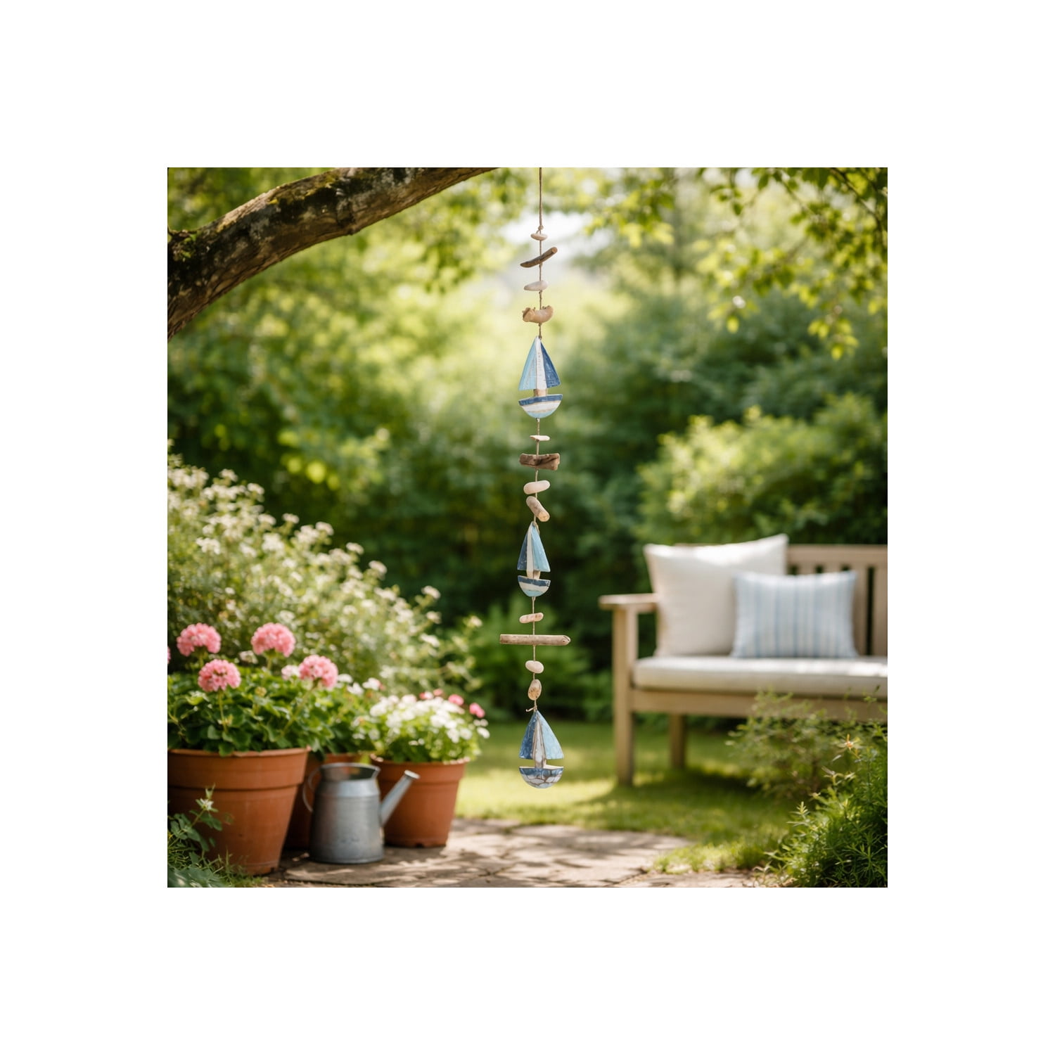 Contemporary Driftwood Boat Hanging Ornament for Home Decor and Bathroom - Coastal Accent for Office, Room and Living Room - Shelf and Coffee Table Decor Wall Display - 40", Blue & White