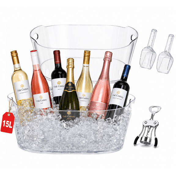 Induslyfe 15L Large Ice Bucket Set for Parties, 2 Clear Beverage Tubs with Ice Scoops and Bottle Opener, Plastic Drink Cooler for Beer Wine Champagne