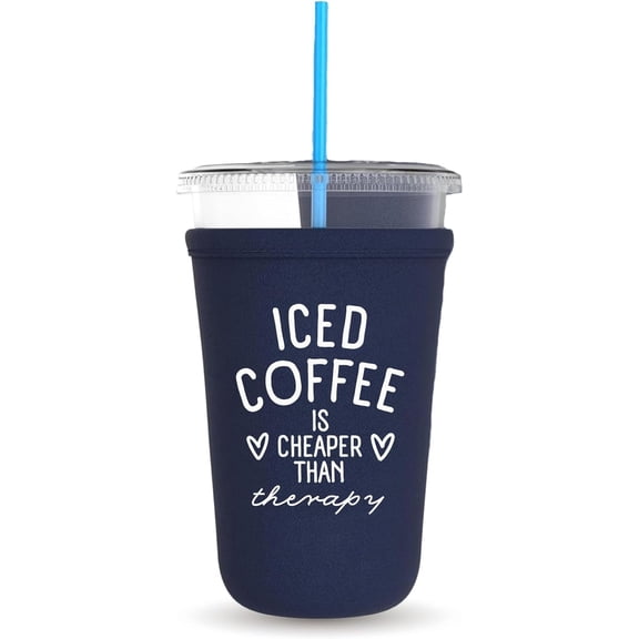 Iced Coffee Is Cheaper Than Therapy, Neoprene Iced Coffee Cup Cooler, Gift and Party Favor Drinkware Ideas, Cold Drink Sleeve (Navy Blue)
