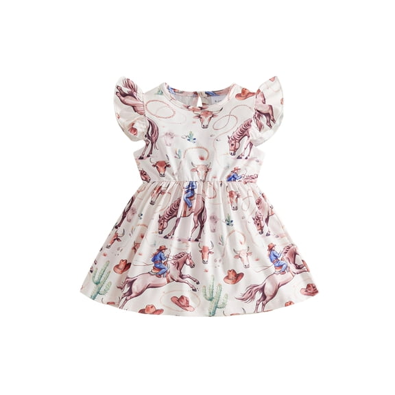 BemeyourBBs Kids Toddler Baby Girl Western Cowgirl Outfits Dress Little Girls Summer Horse Dress Clothes Flutter Sleeve Casual Cowboy Dress