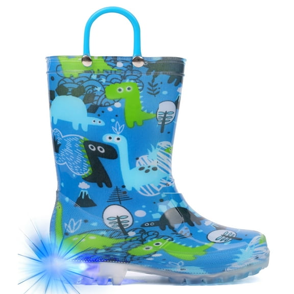 Toddler Boys Rain Boots Little Kids Baby Light Up Rubber Printed Waterproof Mud Insulated Shoes Blue Green Dinosaur Lightweight Adorable with Easy-on Handles Non Slip Size 5