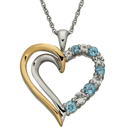Diamond Open Heart Pendant - Blue with White Topaz Sterling Silver and 10kt Yellow Gold Open Heart Pendant, 18