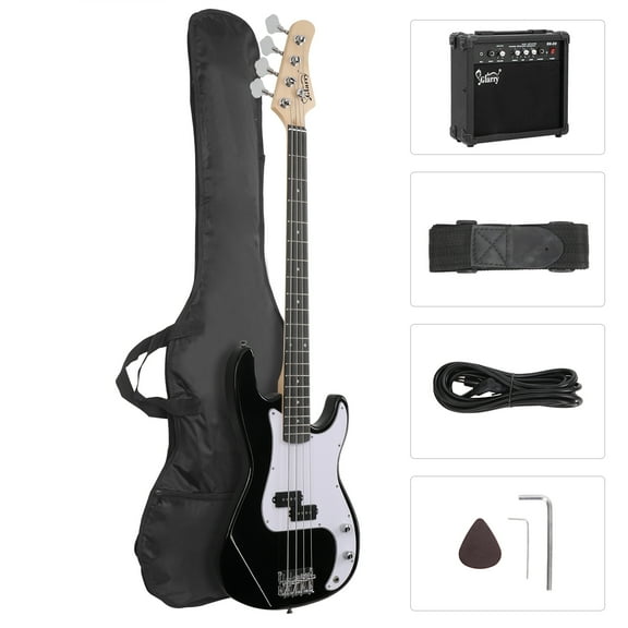 Glarry 4 String Electric Bass Guitar Beginner Kit with 20W AMP, Cable, Strap, Bag and Accessories (Black)
