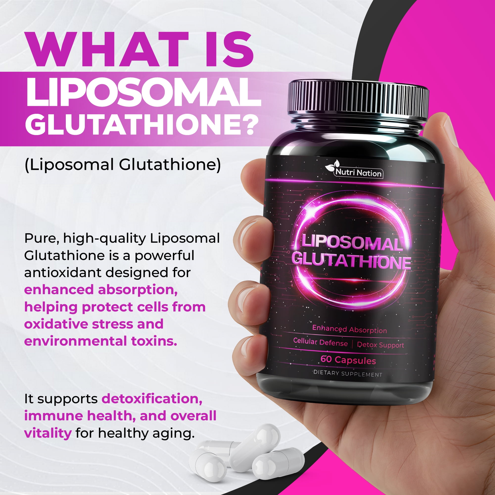 Nutri Nation Liposomal Glutathione Supplement Capsules 500mg, 180 count, Enhanced Absorption, Detox, Immunity, Anti-Aging Support, 3 Bottles
