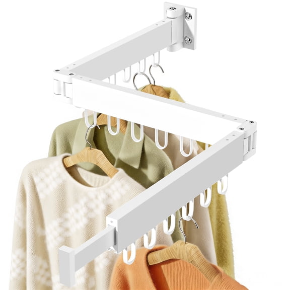 JAUREE Wall Mounted Clothes Drying Rack,Space Saving Laundry Rack Collapsible,Tri-Fold Retractable Rack Outdoor Indoor with 18 Hooks, White