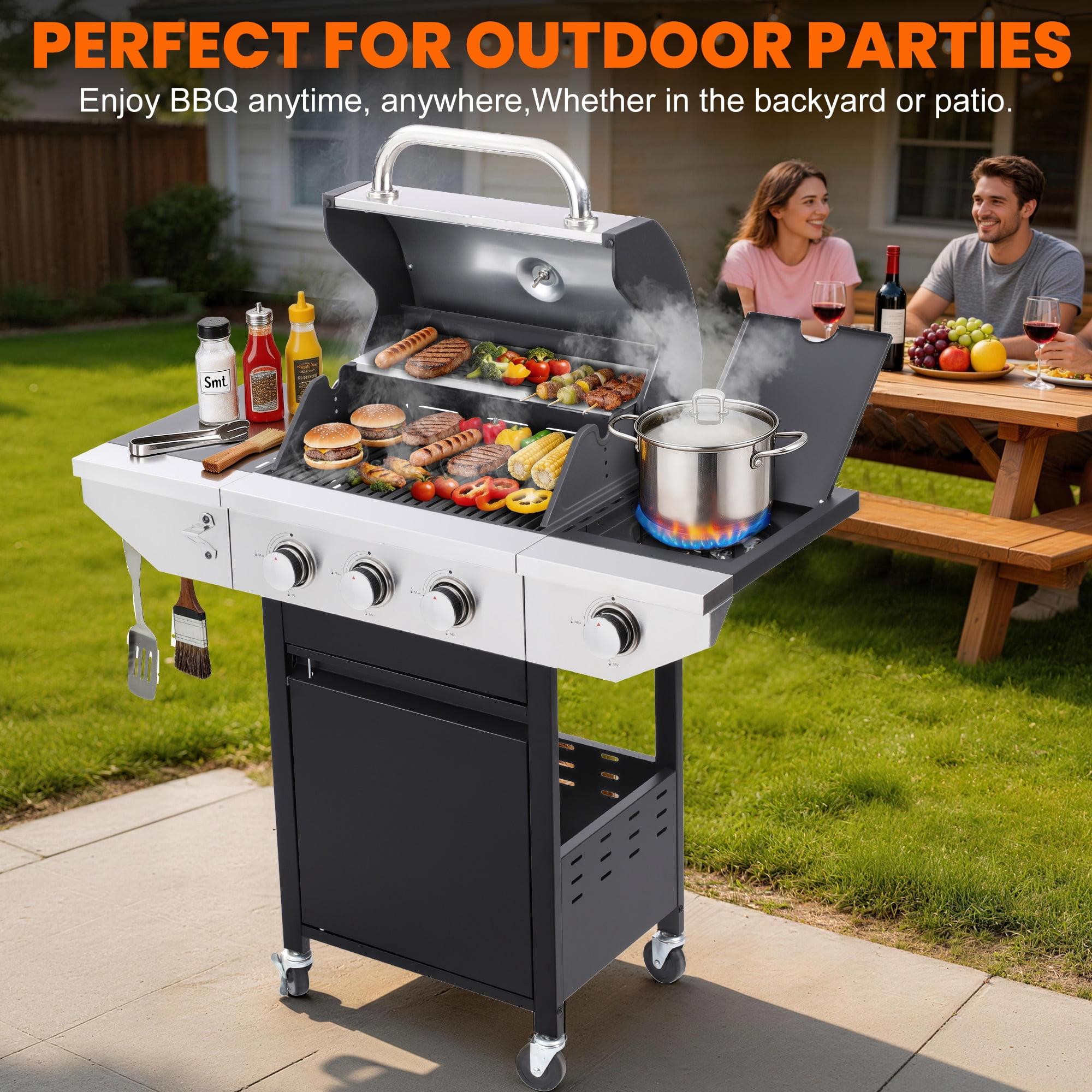 Sesslife 3-Burner Propane Gas Grill, Portable BBQ Grill with Side Burner, 37,000 BTU, Outdoor Grill for Patio, Garden, Camping & Party Cooking