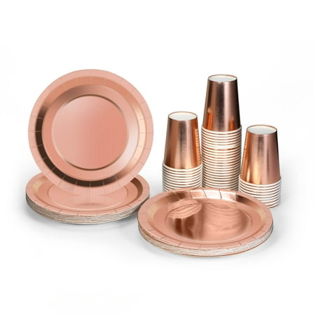 

73 Pieces Rose Gold Paper Dinnerware Set Paper Cups Plates Napkins Straw Table Cover Paper Popcorn Boxes Birthday Wedding Party Supplies