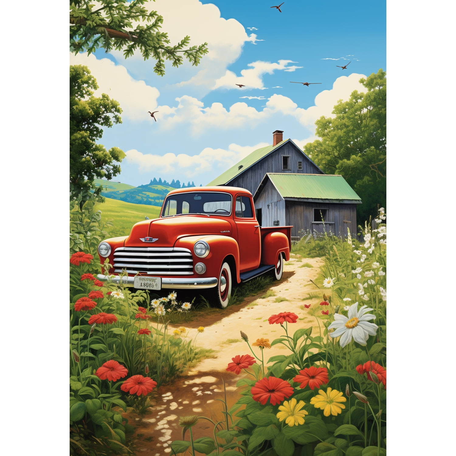 America Forever Red Pickup Rural Bliss House Flag, 28 x 40 inch Double Sided, Vintage Truck Country Flag, Farm Barn Countryside Decor, Rustic Americana Yard Flag