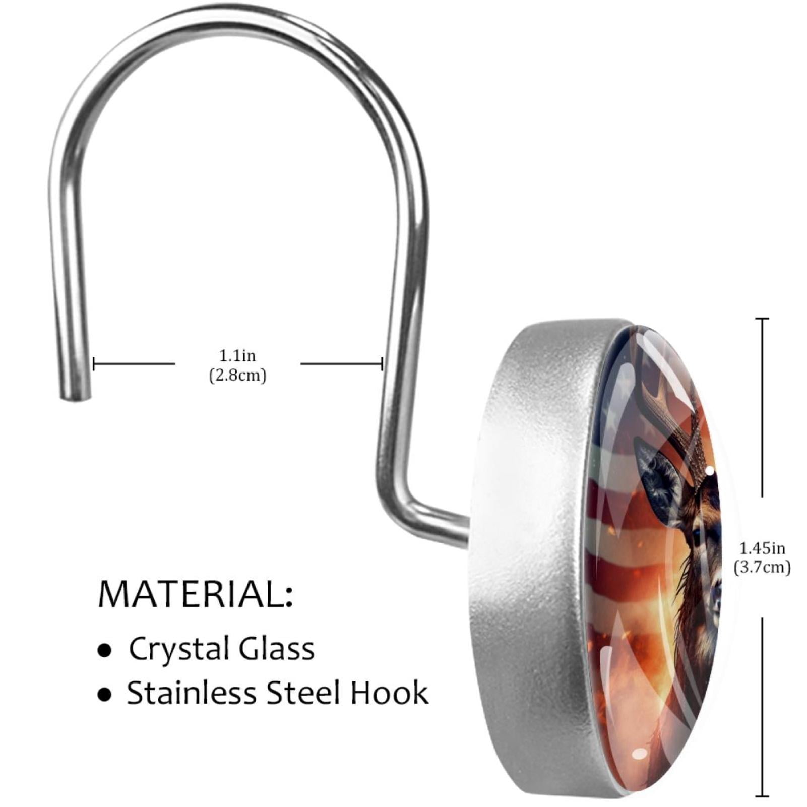 Deer Shower Curtain Hooks （Set of 12） for Home Hotel Shower Rods Bathroom Crystal Glass Print Stainless Steel Round Curtain Hooks