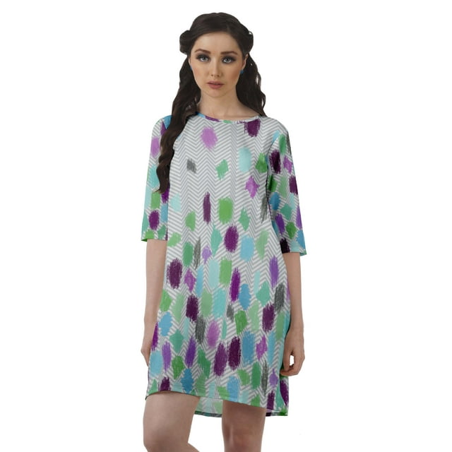 Moomaya Robe d'Hiver Imprimée à Manches 3/4 pour Femmes, Col Rond, Courte, Évasée