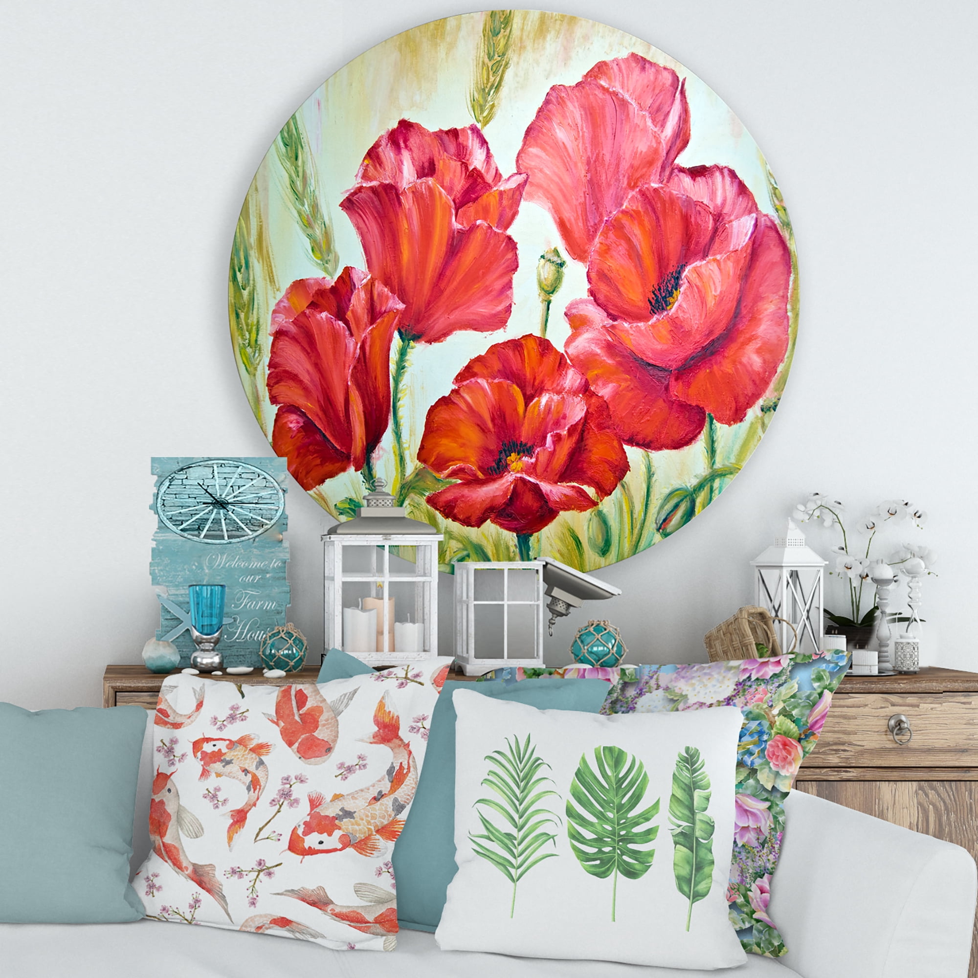 Designart 'Blossoming Red Poppies In The Morning' Traditional Circle Metal Wall Art 29x29 - Disc of 29