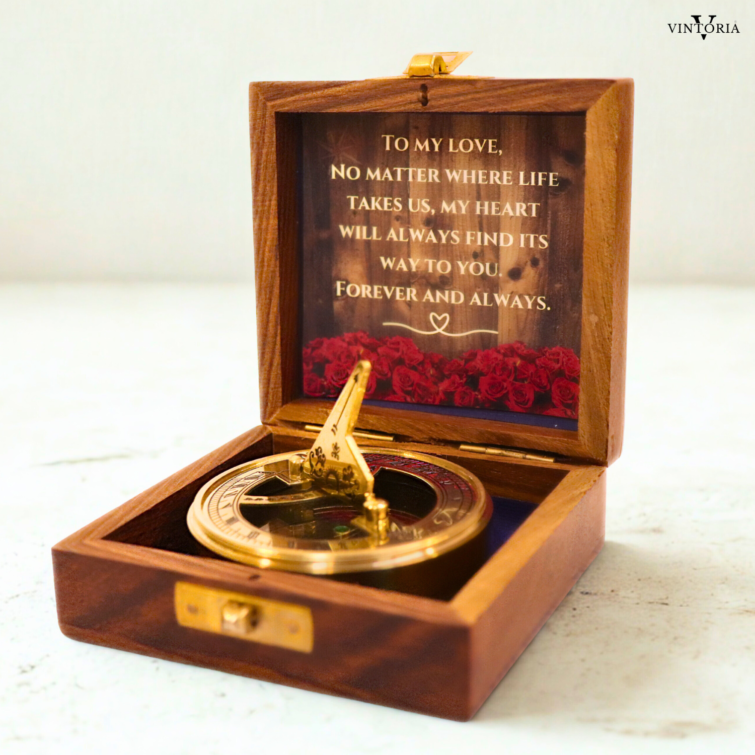 Brass Anniversary Sundial Compass with Wooden Box 2.5" Vintage Nautical Gift