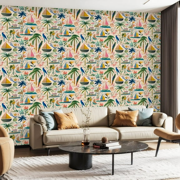 Peel and Stick Wallpaper Contact Paper Island Beach Beige Beige Sailboat Tropical Tropical Birds Self Adhesive and Removable 23.6in x 118in