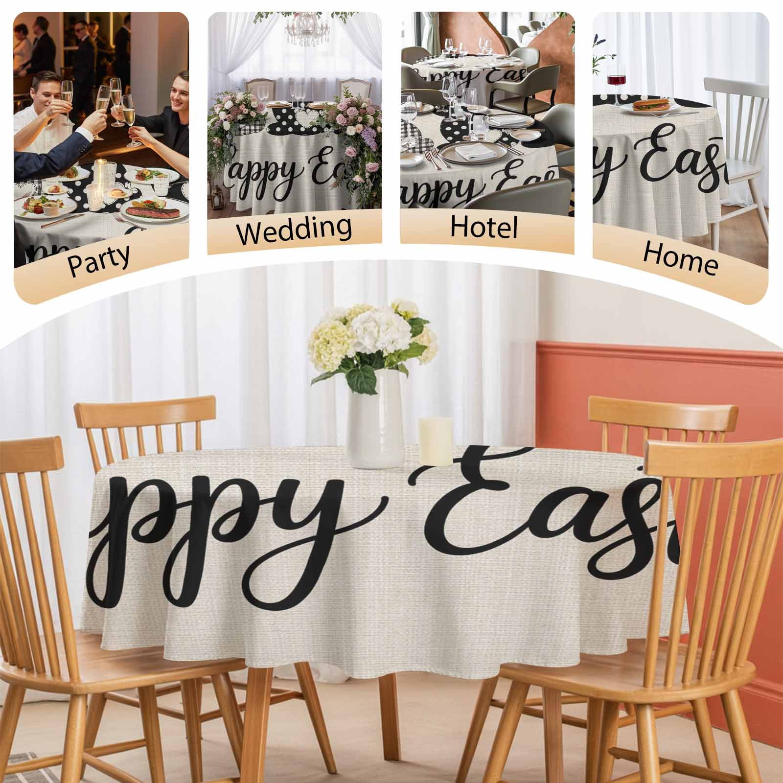 Round Tablecloth Happy Easter Waterproof Oil Proof Polyester Table Cloth Cover Decor for Home Dining Outdoor,Patio,Parties, 54" Dia. Easter Bunny Tails Beige