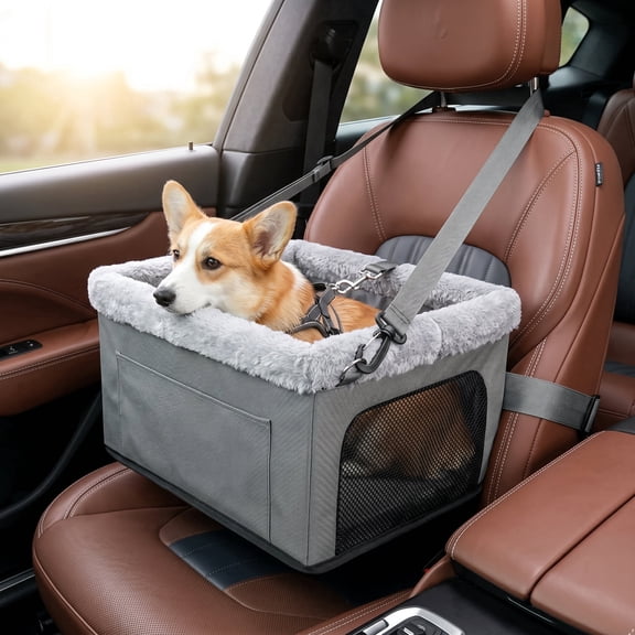 Small Dog Car Seat – Elevated Booster Seat for Dogs Up to 20 lbs, Gray Pet Car Seat for Puppies, Secure Travel Accessory