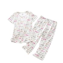 Defitshape Women's Capri Pajama Set Loungewear Pant Sleepwear Short Sleeve Summer Cotton Elastic Cute Band Lounge Style18 Small