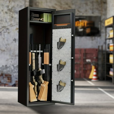 Large Gun Safe Cabinet with 3 Pistol Pouches Heavy Duty Biometric Fingerprint Lock Rifle Gun Safe with Adjustable Stand Detachable Structure Gun Safe Rifle and Shotgun Gun Money Storage Cabinet