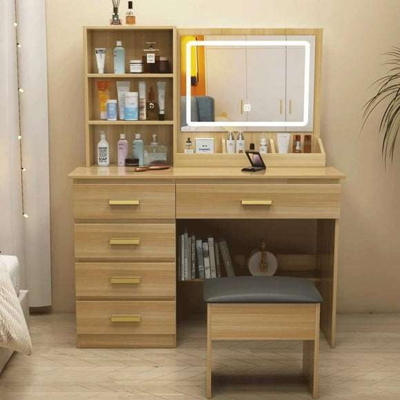 Tocador de Maquillaje con Luces de Espejo, Vanity con 5 Cajones,Estantes de Almacenamiento,Taburete Acolchado, Tocador con 3 Estantes, Mesa de Maquillaje para Dormitorio
