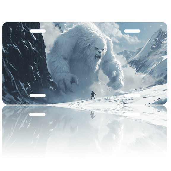 1 Pcs 2D Flat License Plate Covers & Frames, Yeti Chasing Man in Snowy For Decorative Front, Waterproof For Decoration Aluminum License Plate Covers & Frames Cover For Men Women, 12" X 6"