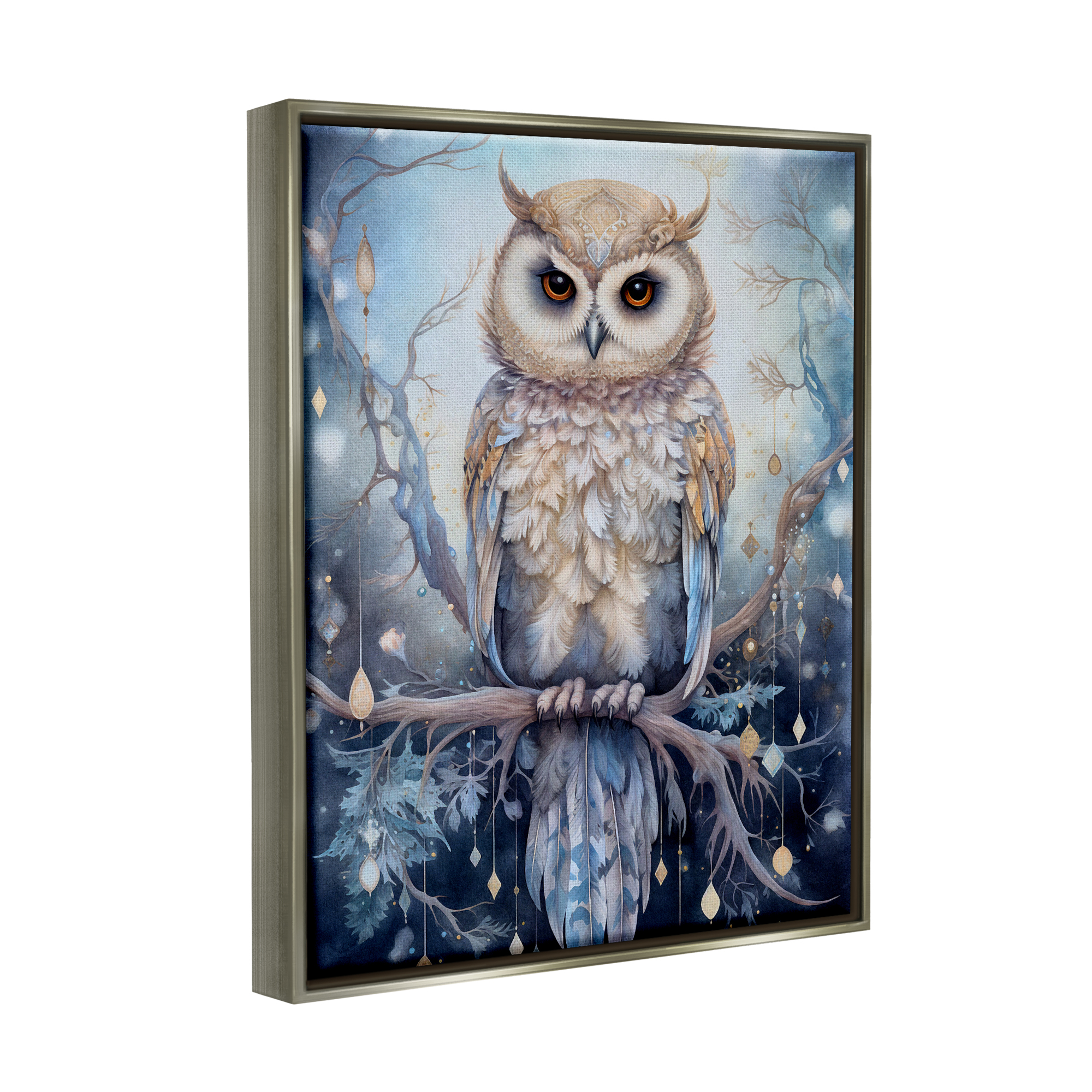 Stupell Industries Owl on Twinkling Branch Animals & Insects Painting Gray Floater Framed Canvas Art Print Wall Art, 17 x 21