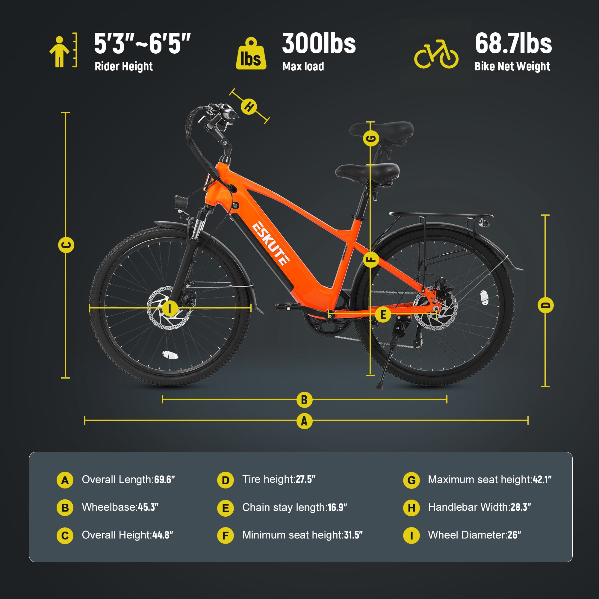 Adult Electric Bike – 70-Mile Range, 1300W Peak Motor, 28MPH, 840Wh Removable Battery, 26" Tires, 7-Speed Adjustable Stem, Step-Over Ebike, Orange with Phonebag & Lock