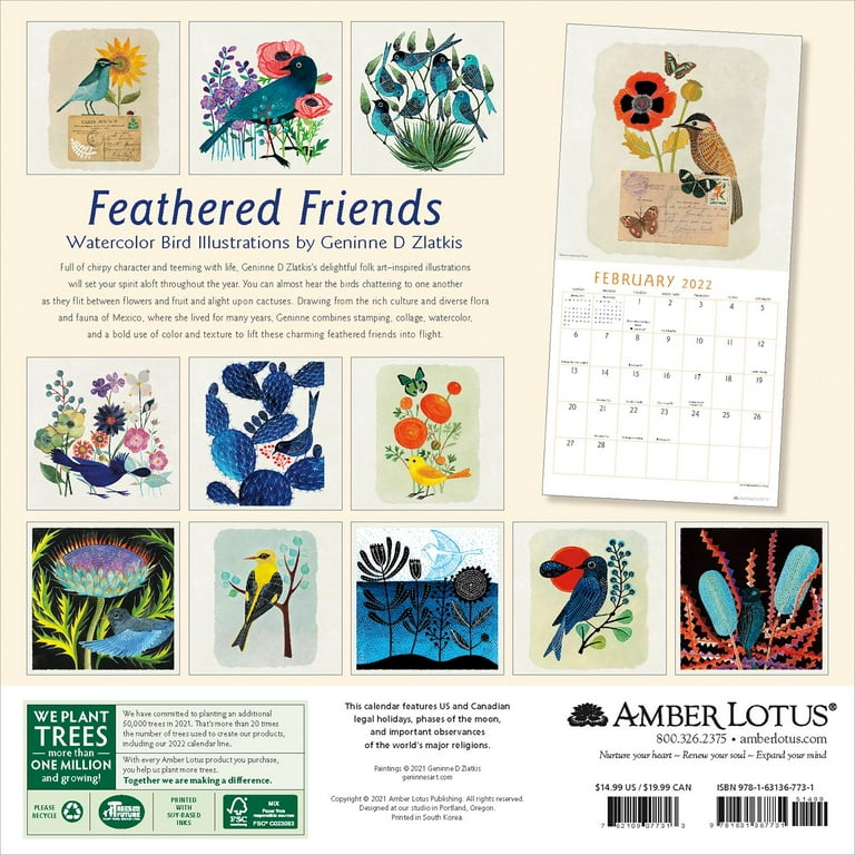Feathered Friends 2024 Wall Calendar: Watercolor Bird