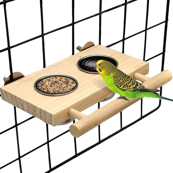 CATPAN Bird Food Stainless Steel Cups Wooden Perch Stand Hanging Feeder Bowls Feeding and Watering Supplies for Parakeets Conures Cockatiels Budgie Parrot