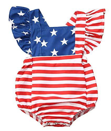 YELTY6F Independence Day Farmer American Flag Printed Newborn Infant Baby Boy Girl Bodysuit Long Sleeve Romper Black