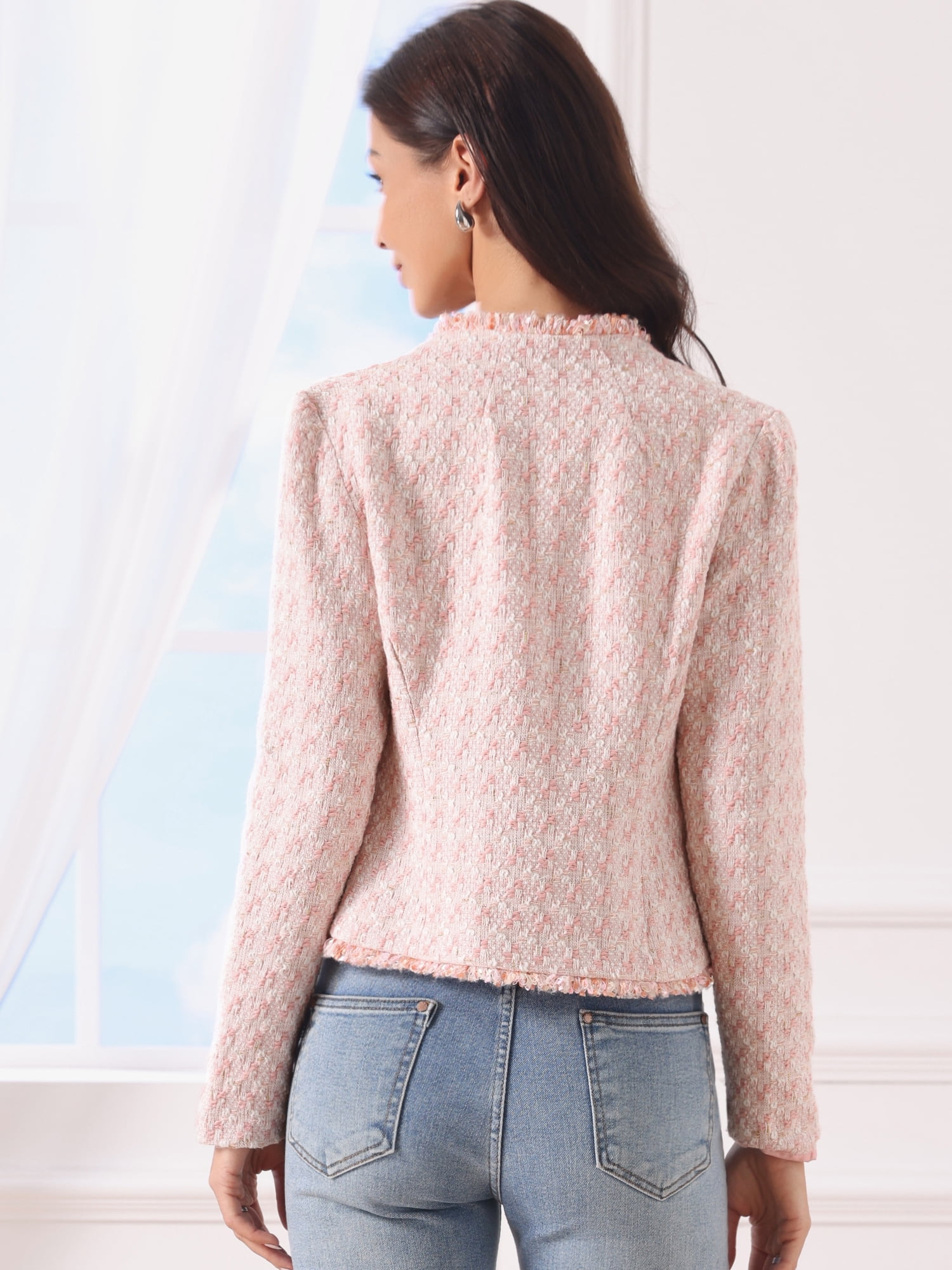 DARING DIVA Women's Plaid Tweed Long Sleeve Open Front Work Office Jacket M Pink