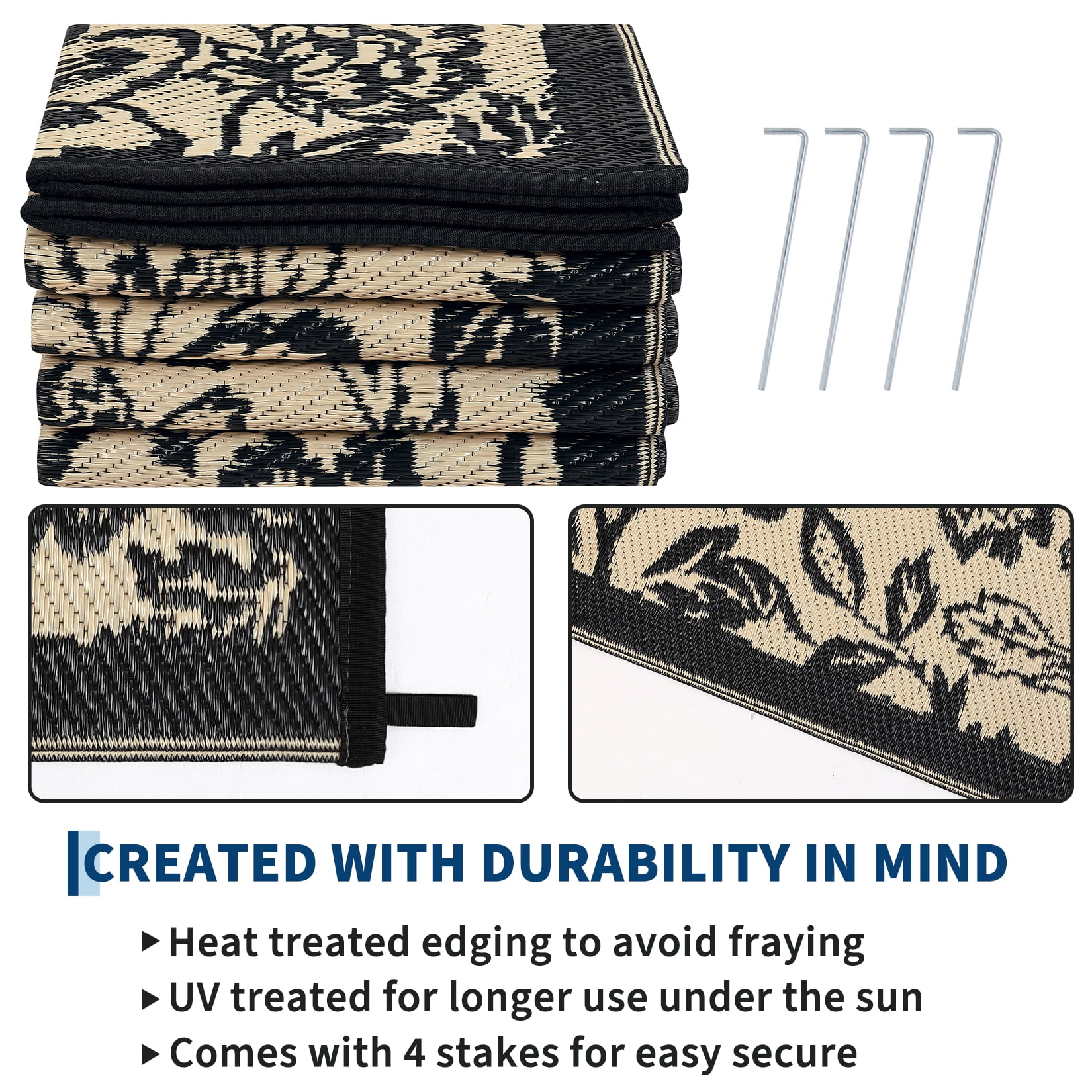 HIWEAVER Black/Brown 8'x 10' Outdoor Rug PP Plastic Straw Woven Waterproof Patio Rug with Floral Border Portable Outside Carpet for Balcony Deck Picnic Garden Decor