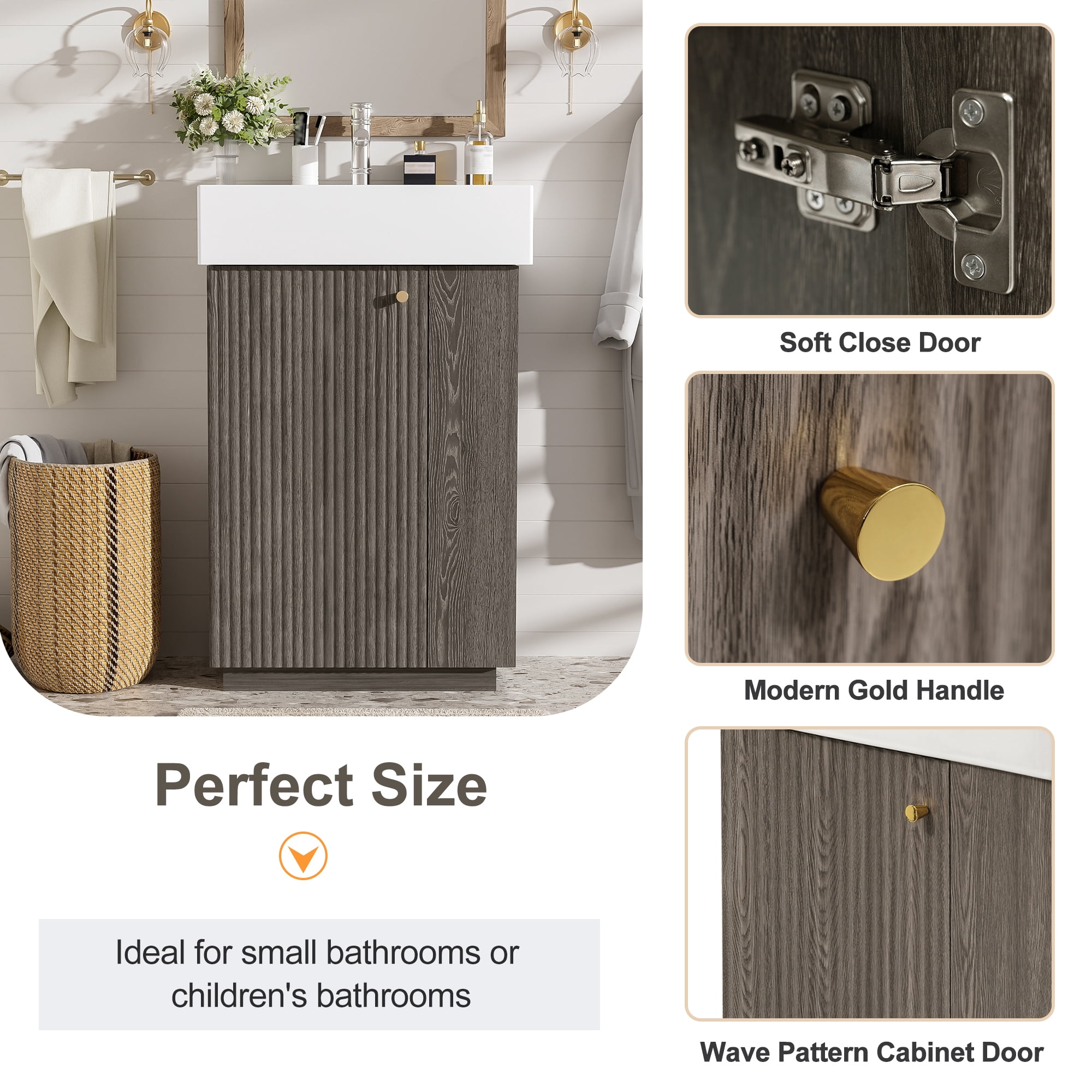 Modern 21.6" Small Bathroom Vanity with Ceramic Sink, Light Wood Grain and Side Storage