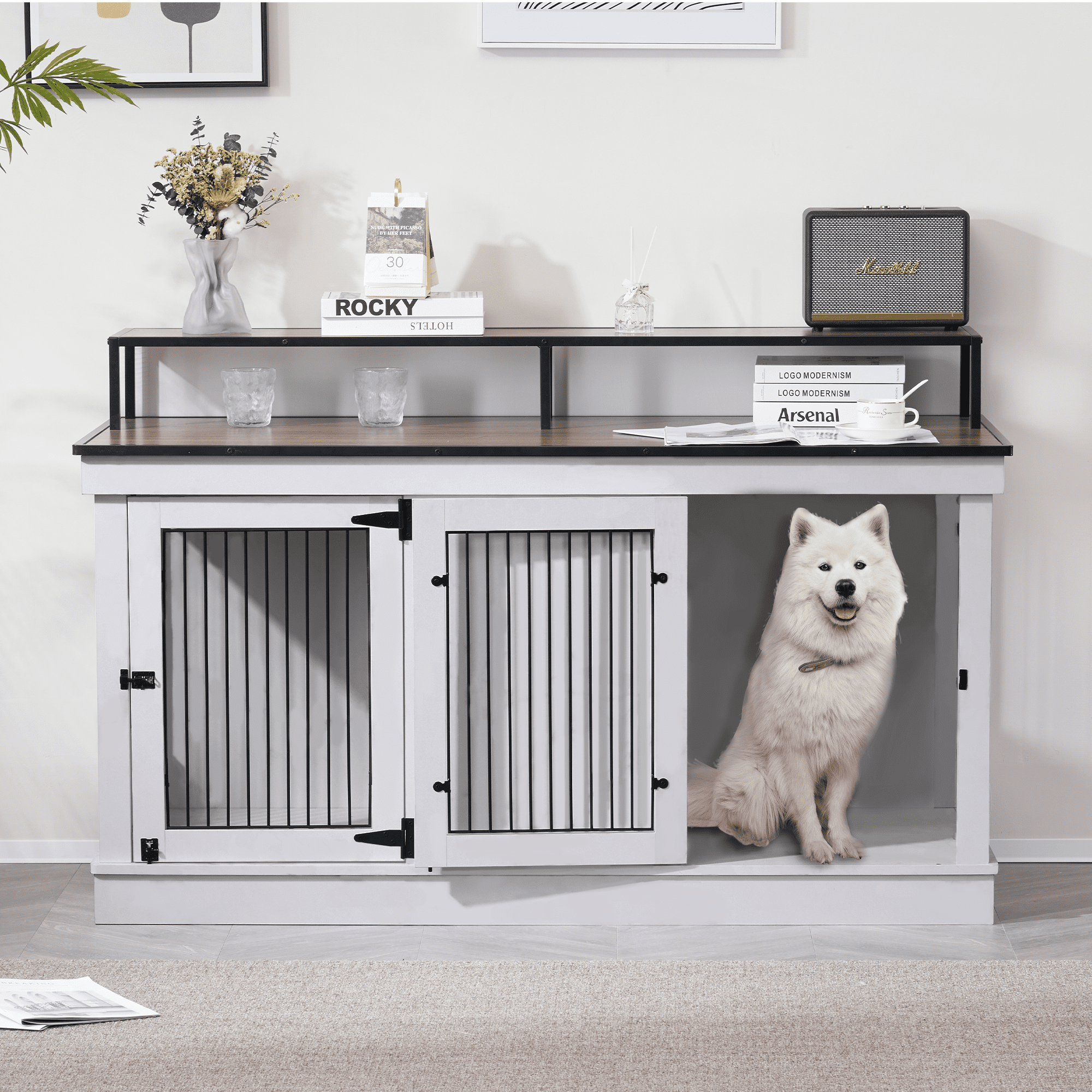 MCombo 52.7‘ 2-Door Wooden Dog Crate Furniture TV Stand 1861(Light Grey)