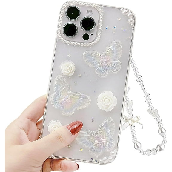 3D Butterfly Floral Clear Case，Aesthetic Design for Women, Teen Girls，Compatible with iPhone X - Glittering Crystal Sparkle - Cute, Girly Phone Cover with Protective Chain - Clear