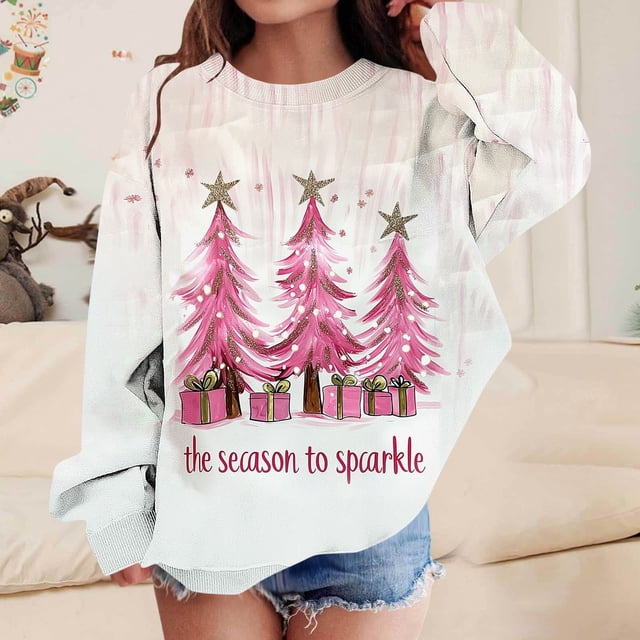Blusas y camisas de manga larga con cuello redondo para niños Estampados navideños de manga larga Casual Suelto Forro polar para mayor calidez Sudadera con capucha de manga larga con cuello redondo pa