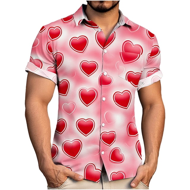 TaTaai Men's Valentine's Day Print Shirt, Short Sleeve Button Down Casual Blouse, Romantic Gift Top Gift