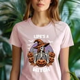 thumbnail image 5 of Life’s A Witch Skeleton Pumpkin Halloween T-Shirt, Heliconia, Size M, 5 of 6
