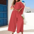 thumbnail image 4 of Women's 2 Piece Cotton Linen Set - Loose Fit Summer Outfit | Off Shoulder Bat Sleeve Crop Tops + Wide Leg Palazzo Pants, 4 of 6