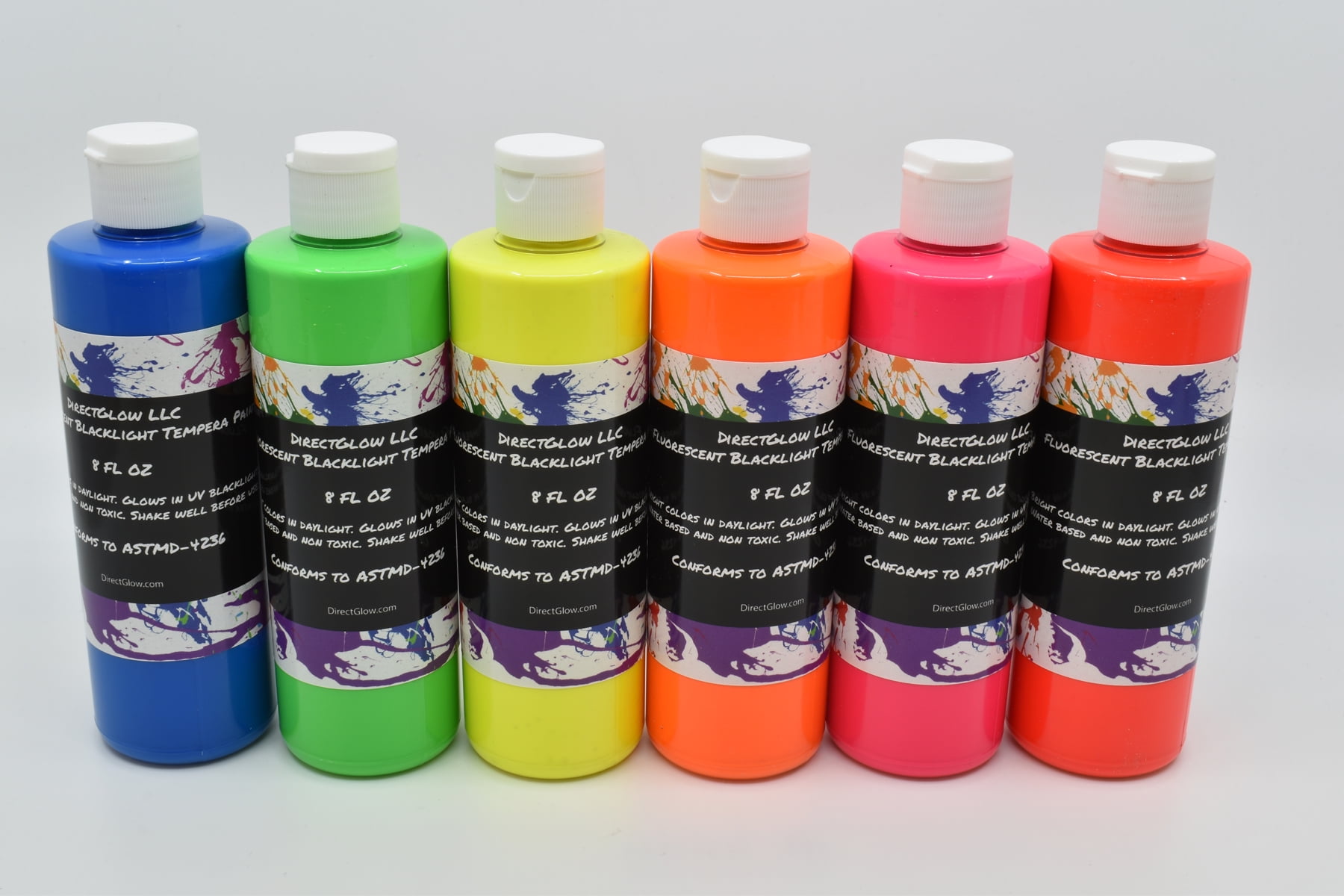 DirectGlow UV Blacklight Reactive Fluorescent Tempera Party Paint (6 Color Assortment, 8 Ounce Bottles)