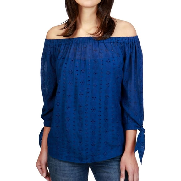 Lucky Brand Womens Schiffli Knit Blouse, Blue, Small