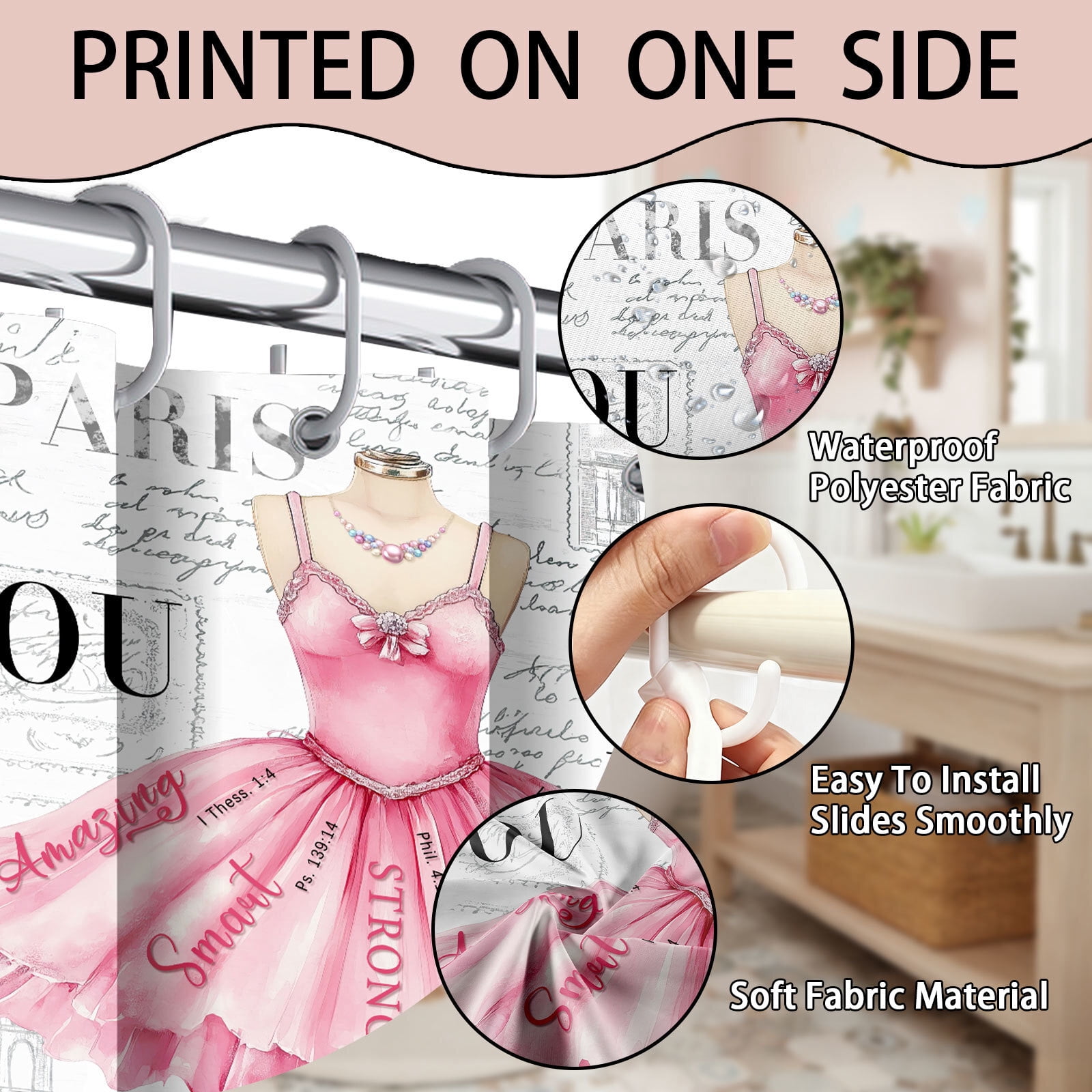 Pink Girly Dress Shower Curtain, Fashion Modern Ballet for Girls Women Bath Curtain, Eiffel Tower Paris Perfume High Heels Makeup Bathroom Decor Fabric Polyester Waterproof 12 Pack Hooks,70X85in