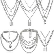 Sterling Silver Necklace Sliver Chain Necklace E girl Men Goth Chains Punk Necklace for Women E boy Long Multi layer Chains 6PCS