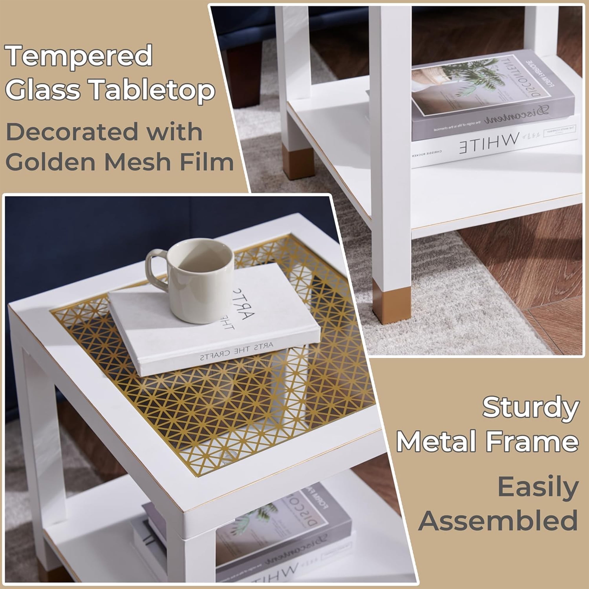 Leumius Glass End Table, Modern Style Side Table, Square Table with Tempered Glass and Metal Frame, 2-Layer Nightstand for Living Room White