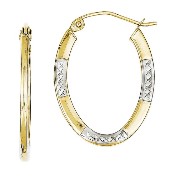 Primal Gold 10 Karat Yellow Gold and Rhodium Diamond Cut Oval Hoop Earrings