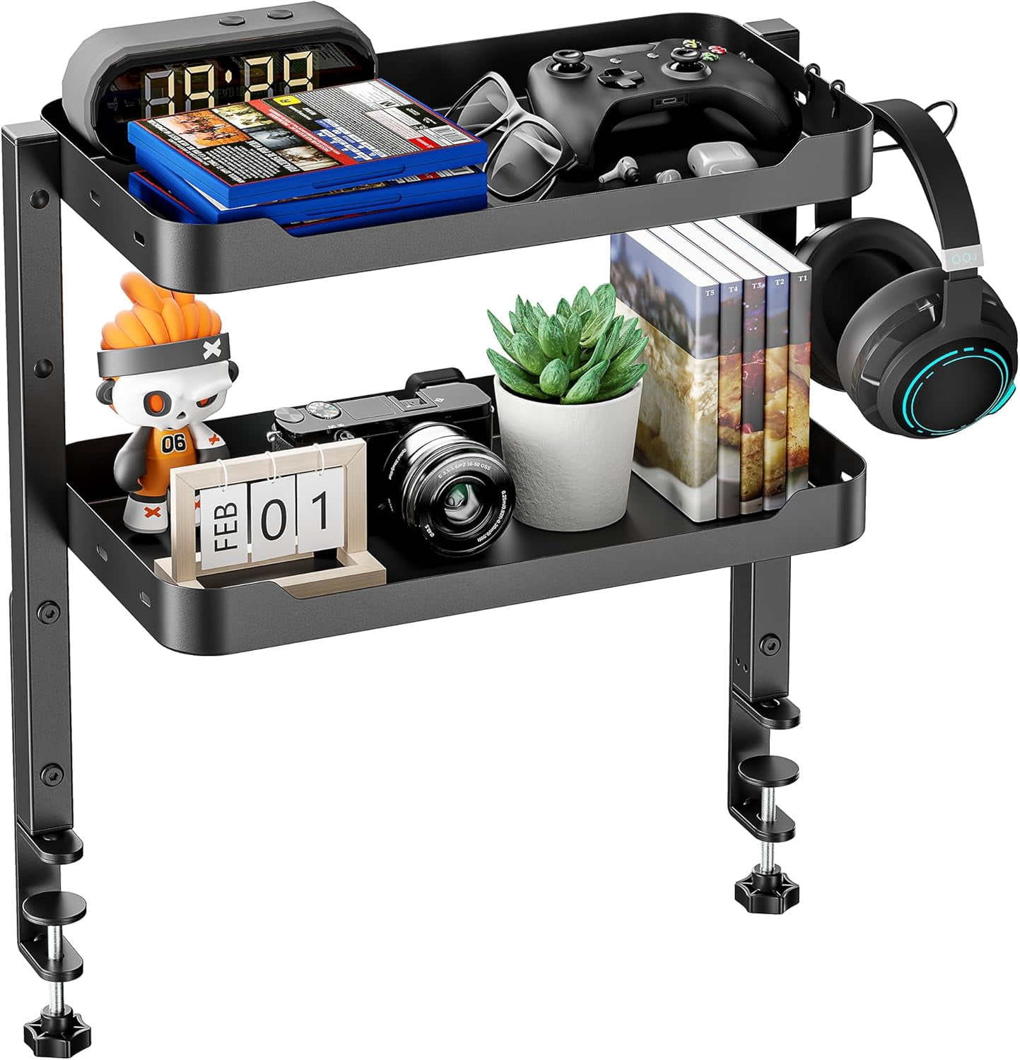 2-Tier Clamp On Desk Shelf, 16 inch Adjustable Above or Under Desk Storage Shelves Holds 66 lbs, Heavy Duty Desktop Organizer with Headphone Holder for Working and Gaming Accessories, Black